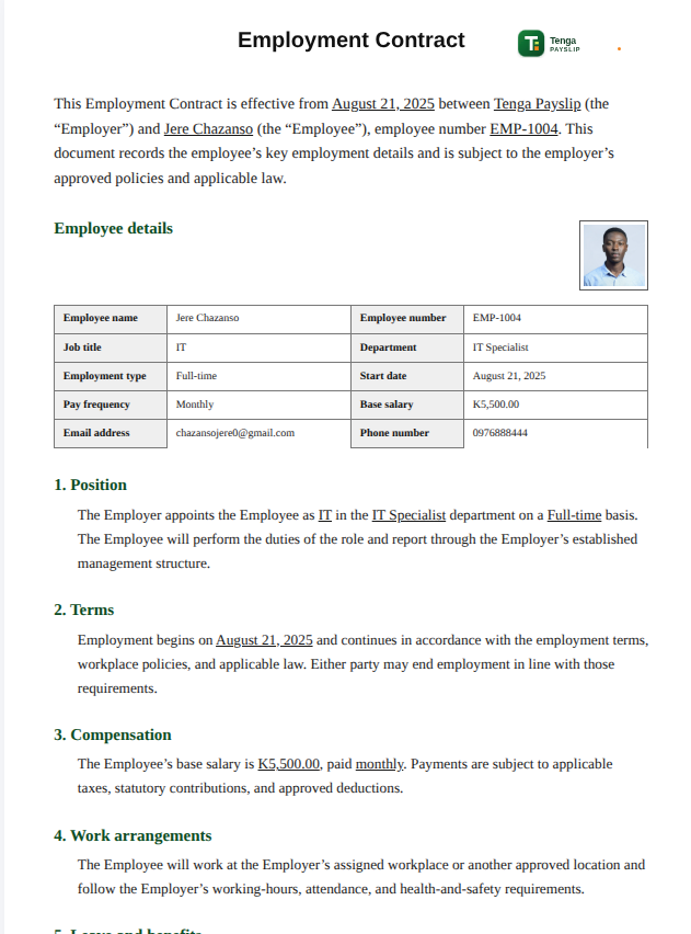 Sample Tenga Payslip employment contract