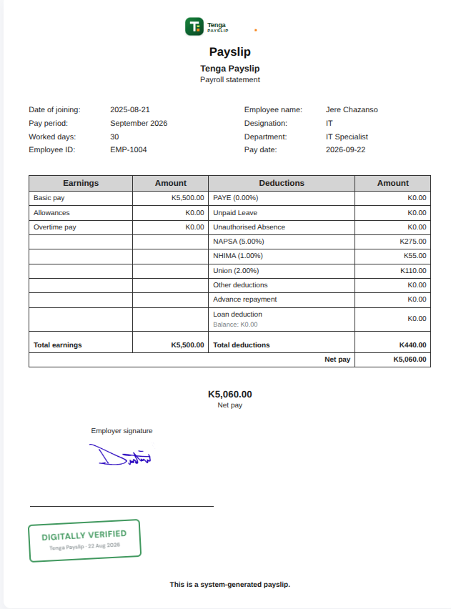 Sample Tenga Payslip payslip